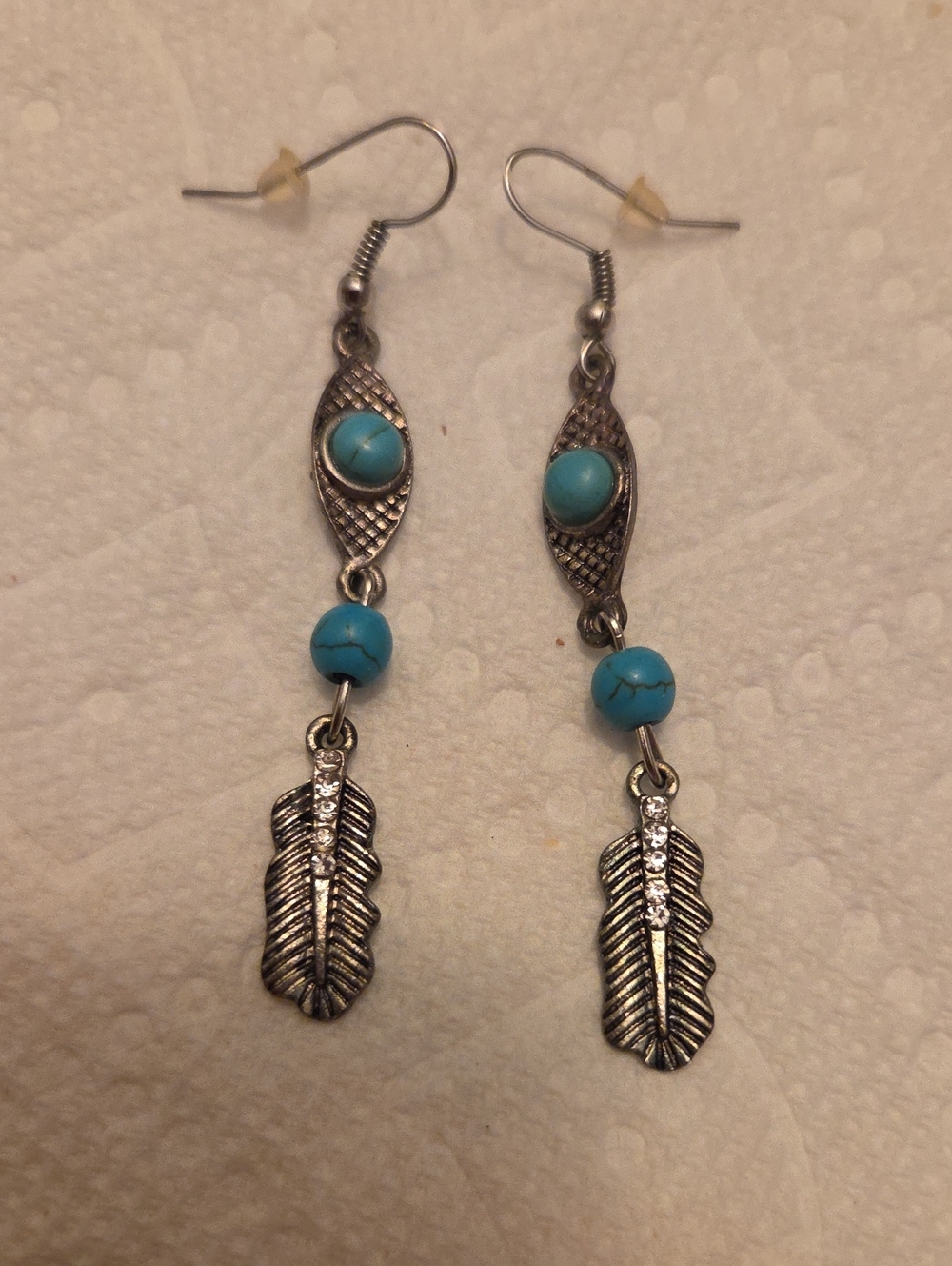 Silver-Tone Feather Drop Earrings with Turquoise Beads